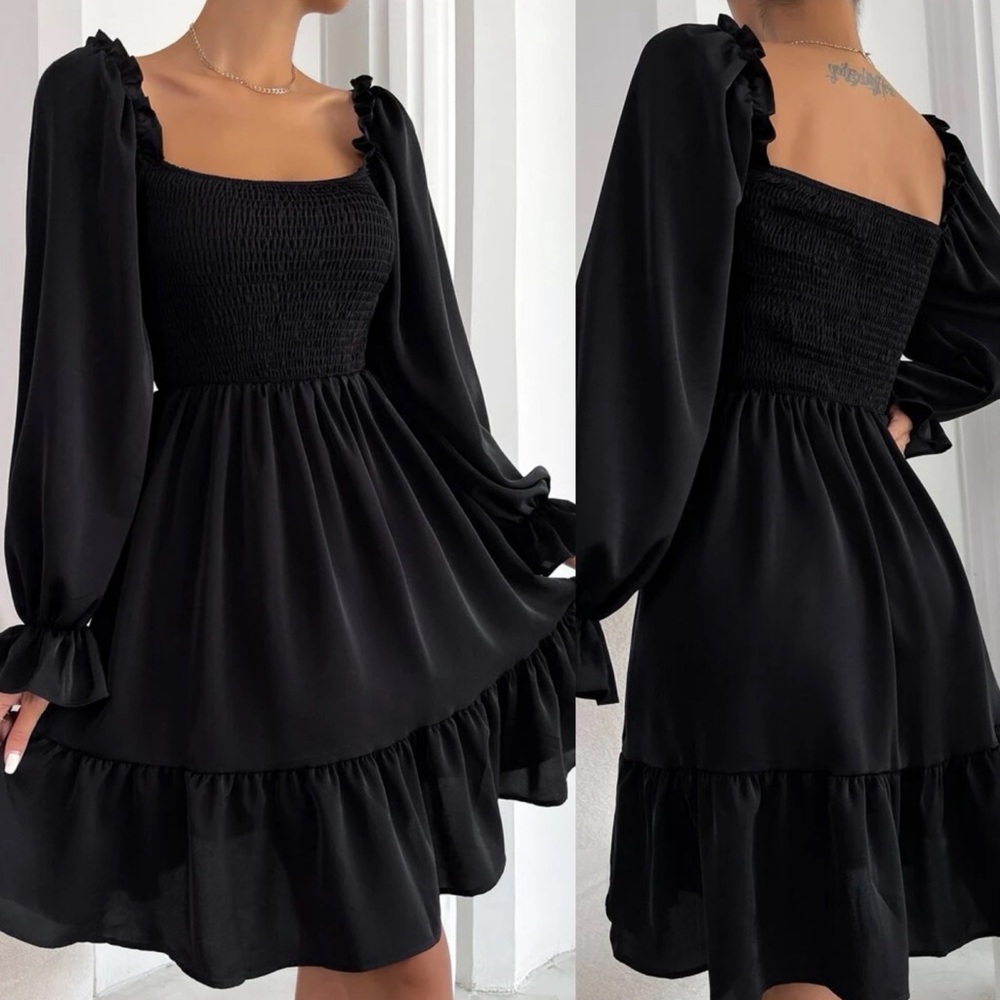 Shirred bust square neck long sleeve mini dress ruffle boho gypsy burgundy - Picture 11 of 11